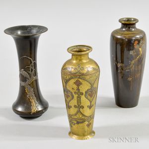 Three Japanese Mixed Metal Vases