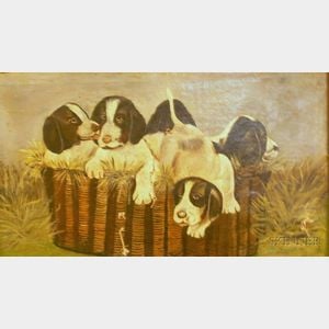 Framed American School Oil on Canvas of Puppies in a Basket