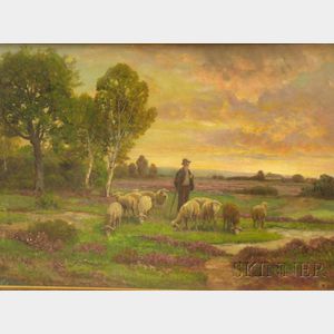 Framed 19th/20th Century Continental School Oil on Canvas Pastoral Scene of a Shepherd with His Flock