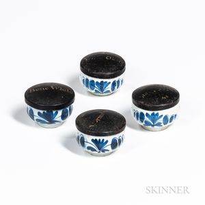 Four Delft Paint Pots with Japanned Tin Lids