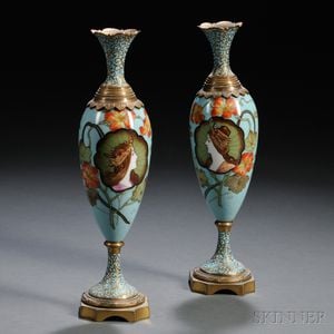 Pair of French Porcelain and Champleve Vases