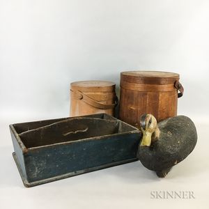 Two Firkins, a Blue-painted Cutlery Box, and a Painted Cork Duck Decoy