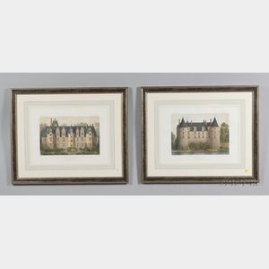 Four Framed French Hand Colored Architectural Book Plates