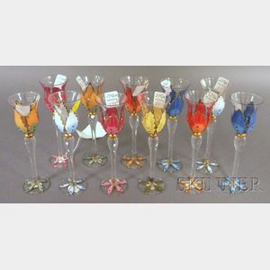 Set of Eleven Jeweled Enamel-decorated Colorless Glass Cordial Glasses