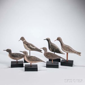Six Carved and Painted Shorebird Decoys with Stands