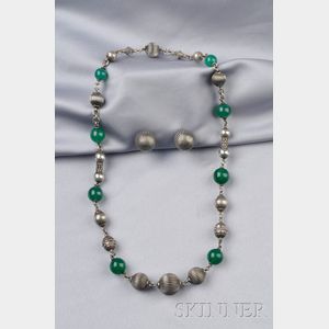Sterling Silver and Green Chalcedony Necklace and Earclips
