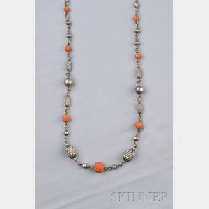 Sterling Silver and Carved Coral Bead Necklace