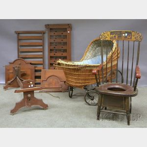 Renaissance Revival Walnut Crib, a Late Victorian Wicker Rolling Bassinette, and a Grained and Stenciled Potty Armchair