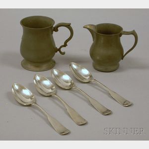 Pewter Pitcher, English Mug, and Four Towle Silver Plated Spoons