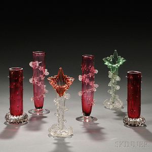 Six Cranberry Glass Vases
