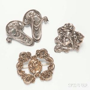 Three Sterling Silver Art Nouveau Coat Pins