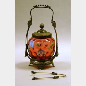 Pairpoint Silver Plate Mounted Enamel Floral Decorated Cranberry Glass Pickle Caster.