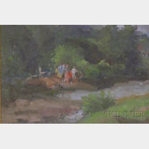 Framed American School Oil on Canvas Landscape with Figures on a Riverbank