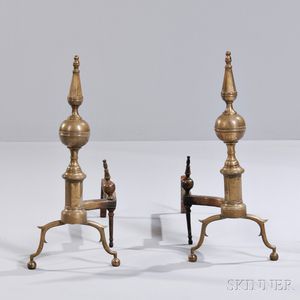 Pair of Federal Brass and Iron Steeple-top Andirons