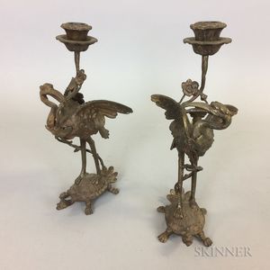 Pair of Bronzed Metal Candlesticks with Cranes on Tortoises