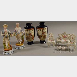 Pair of French Bisque Figures, a Five-piece Dresden Miniature Porcelain Suite of Parlor Furniture, and a Pair of Japanese Satsuma Va...