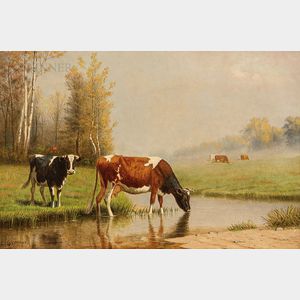Clinton Loveridge (American, 1838-1915) Cows Watering Near a Misty Meadow