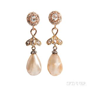 Antique Gold, Baroque Pearl, and Diamond Earrings