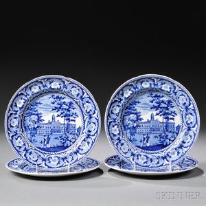 Four Blue Transfer-decorated Staffordshire "City Hall/New York" Dinner Plates