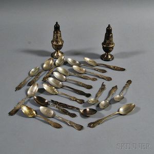 Group of Mostly Sterling Silver Teaspoons and a Walking Stick