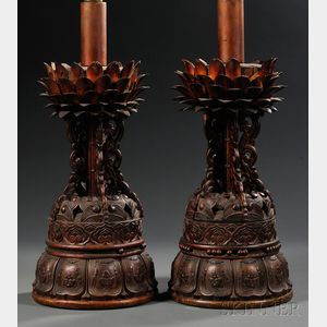 Pair of Asian Export Carved and Lacquered Wood Lamp Bases