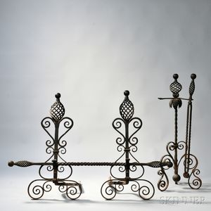 Andirons and a Tool Holder in the Manner of Roy Croft