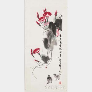 Hanging Scroll Depicting Morning Glories and Chicks