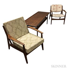 Two Lounge Chairs and a Coffee Table with Woven Shelf