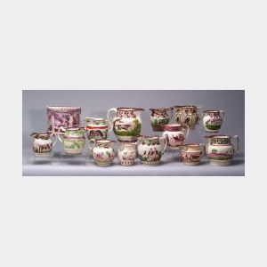 Thirteen Pearlware Pink Lustre Pitchers and a Planter
