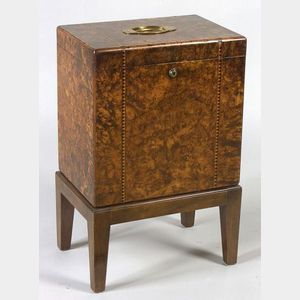Victorian Burl Walnut and Silvered Metal Mounted and Inlaid Work Box on Stand
