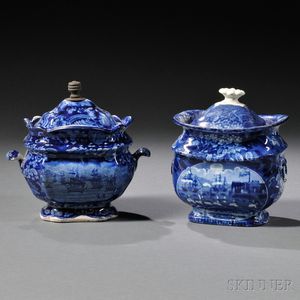 Two Historical Blue Transfer-decorated Staffordshire Pottery Covered Sugar Bowls
