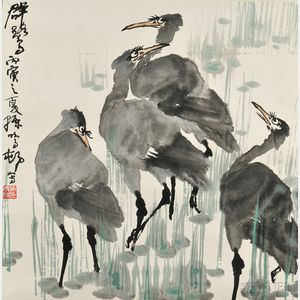 Painting of Egrets with Yellow Beaks