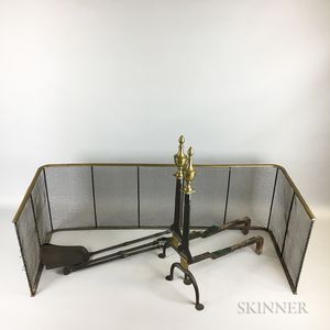 Pair of Brass and Iron Urn-top Knife-blade Andirons, a Shovel, Tongs, and Firescreen. 