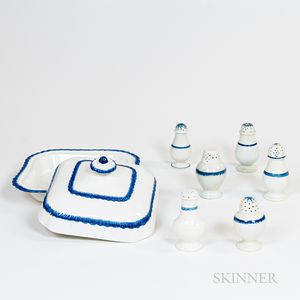 Six Blue Feather-edge Pepper Pots and a Covered Dish