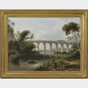 James Burt (American, fl. 1835-1849) Figures Fishing on a Riverbank, Railroad Bridge with Train in the Distance.