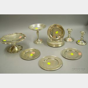 Two Sterling Silver Compotes, a Pair of Candleholders, and a Set of Twelve Alvin Bread and Butter Plates.e2...