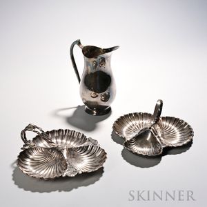 Three Pieces of Silver-plate Tableware, two shell-form dishes, each with three wells and a raised handle, one Walker & Hall, the other