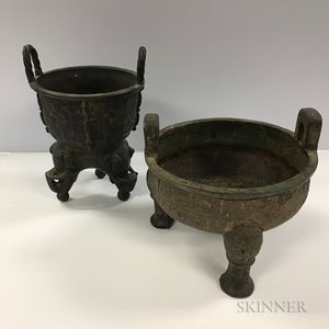 Two Archaic-style Tripod Bronze Censers