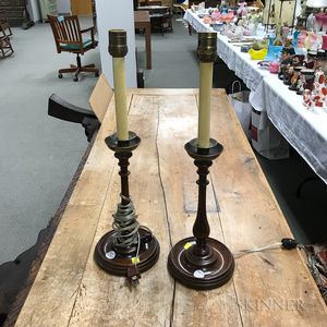 Pair of Turned Mahogany and Brass Candlesticks