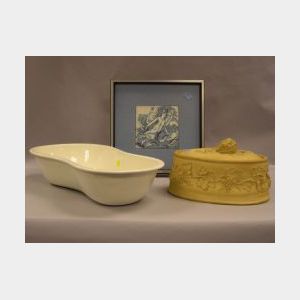 Framed Wedgwood Blue and White Moth Transfer Tile, Caneware Game Pie Dish and a Queens Ware Bidet.