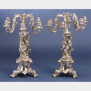 Pair of English Silver Plate Seven Light Figural Candelabra