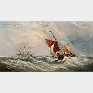 Ebenezer Colls (British, 1812-1887) Sailboat on a Turbulent Sea