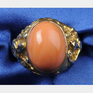 Art Nouveau 14kt Gold,Coral and Diamond Ring, Durand & Co.