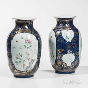 Pair of Gilt and Enameled Blue-glazed Vases