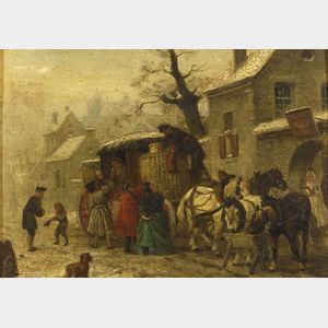 Jean-Jacques Zuidema Broos (Flemish, 1833-1877) The Arrival at the Inn on a Winter's Evening