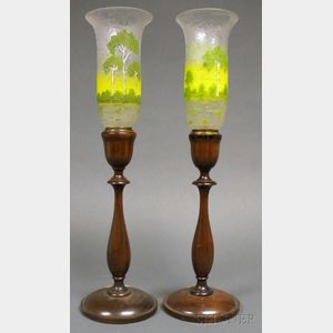 Pair of Enameled and Etched Glass Candle Lamps
