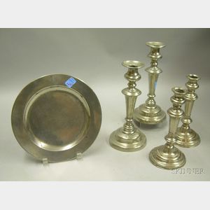 Pair of Silver Plated Candlesticks, an English Pewter Plate, and a Pair of Pewter Candlesticks.