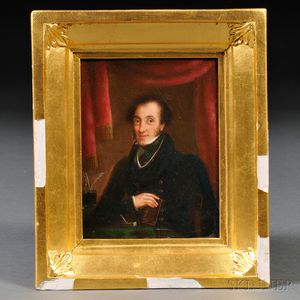 Anglo/American School, 19th Century Small Portrait of a Gentleman with a Book and Writing Utensils.