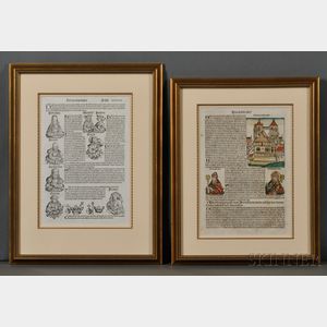 Incunabula Leaves, Nuremberg Chronicle, Two Framed Leaves, One Hand-colored.