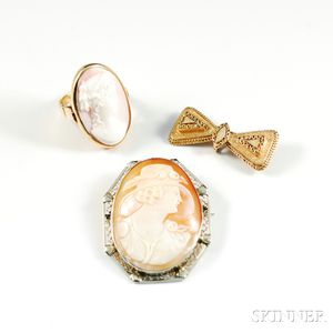 14kt Gold Cameo Brooch, Ring, and Bow Brooch